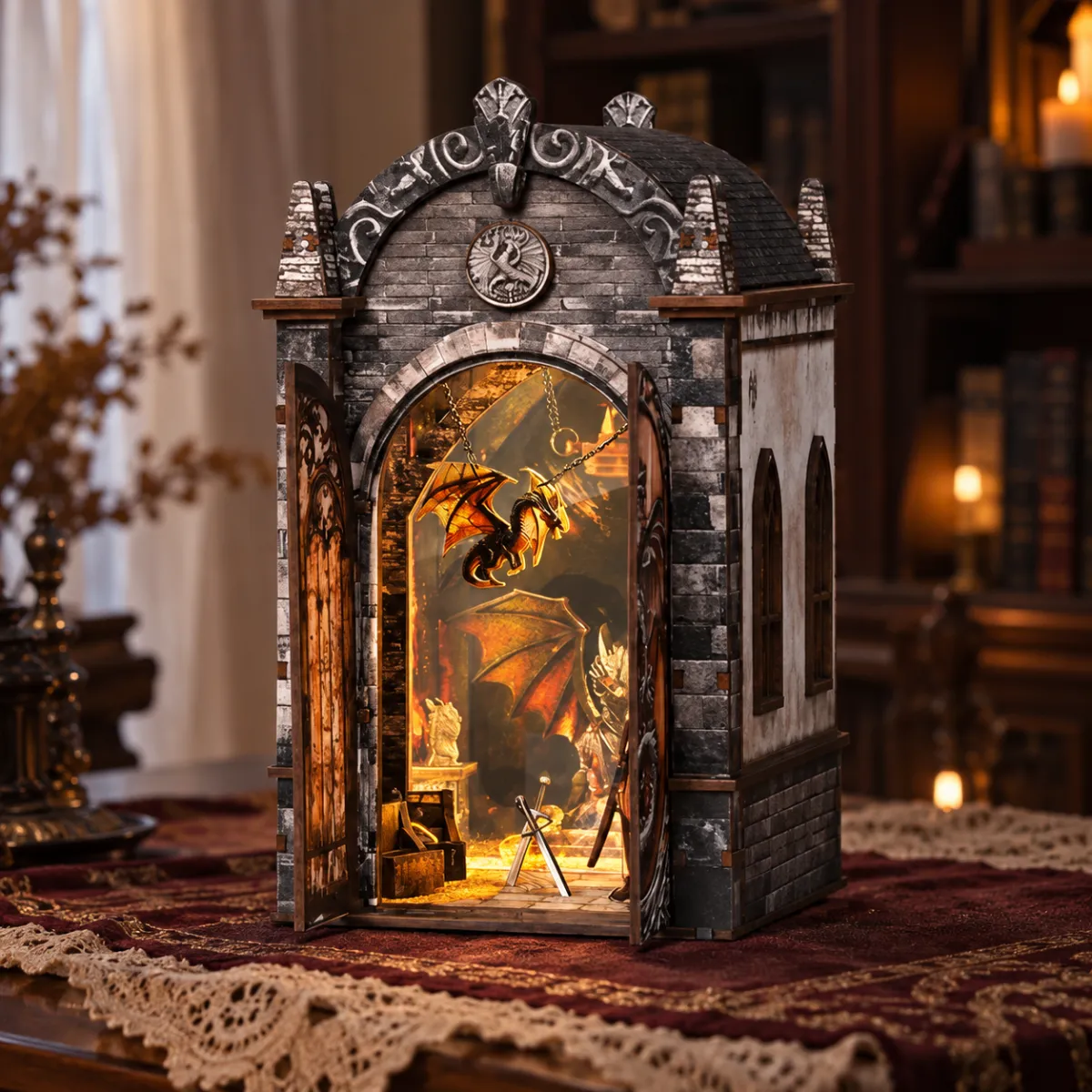 Dragons Treasure Labyrinth DIY Book Nook Kit with lights on