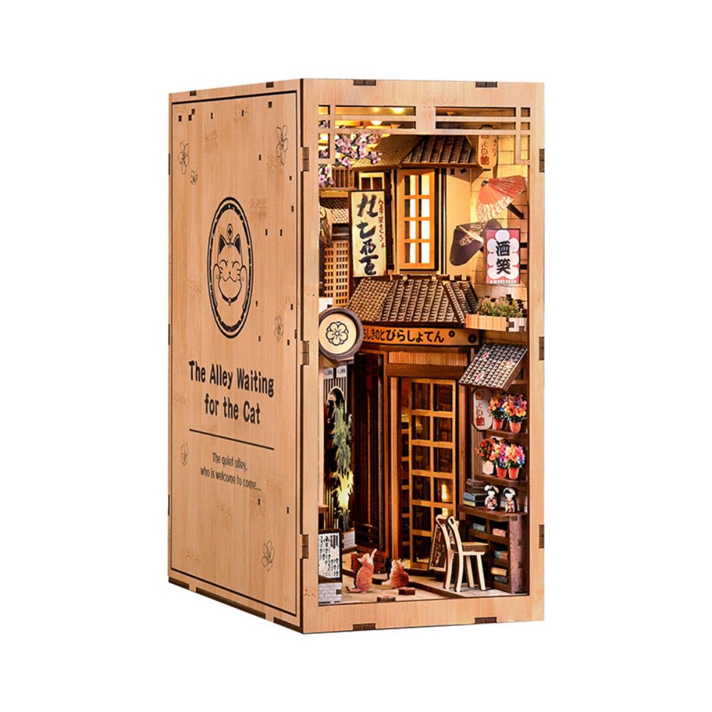 japanese book nook miniature with lantern-lit tokyo alley, bookshelf decor for japan lovers