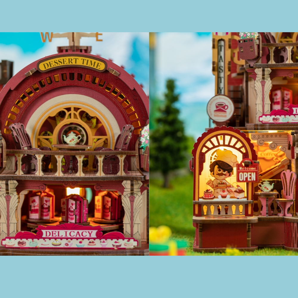 A miniature dessert cafe with intricate details, with music box's dynamic movement.