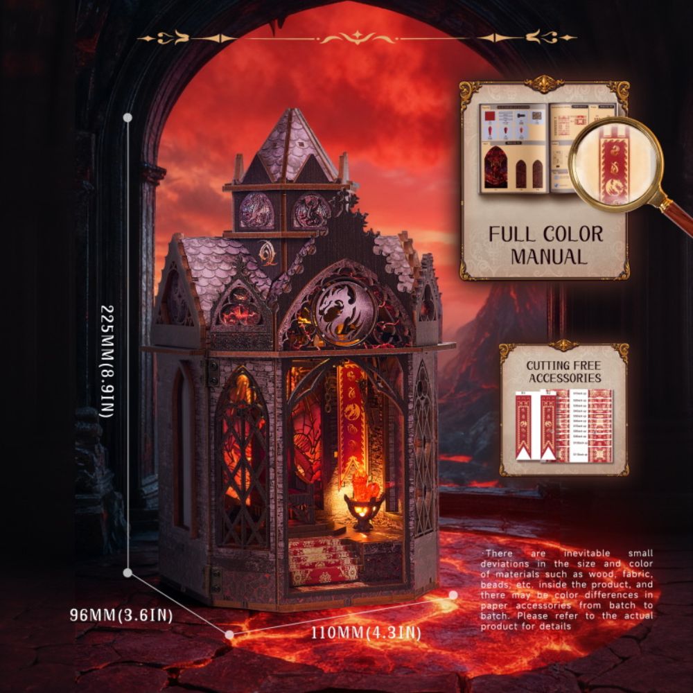 The assembled kit dimensions are 9.6 cm x 11 cm x 22.5 cm (3.6 in x 4.3 in x 8.9 in). 
The kit includes pre-cut wooden pieces, an instruction guide, and an LED light.