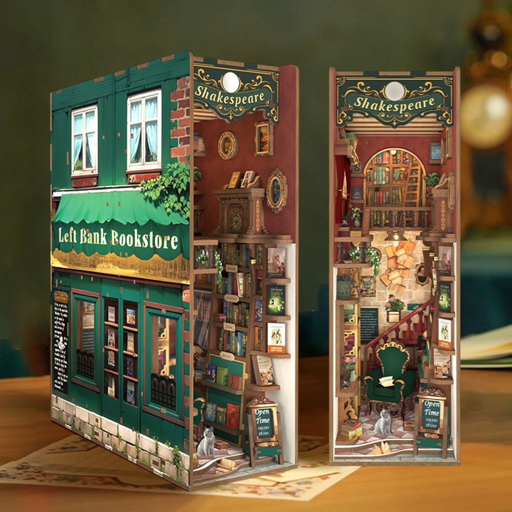 It includes pre-cut wooden pieces, LED light strings, and assembly tools.