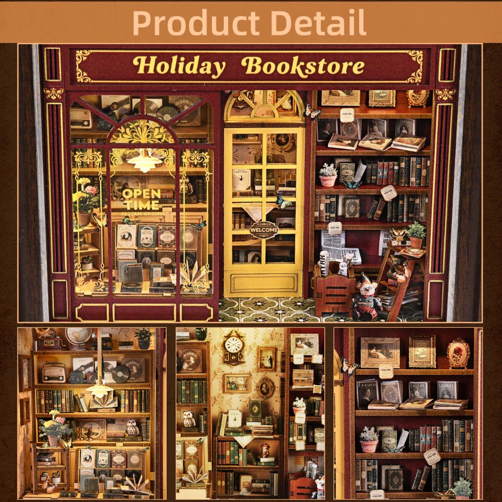 The inside features shelves full of tiny books, framed artwork, potted plants, and even a small ladder. 
LED Lighting: The kit includes LED lights (ceiling and floor lamps) to provide a warm, cozy ambiance to the scene.