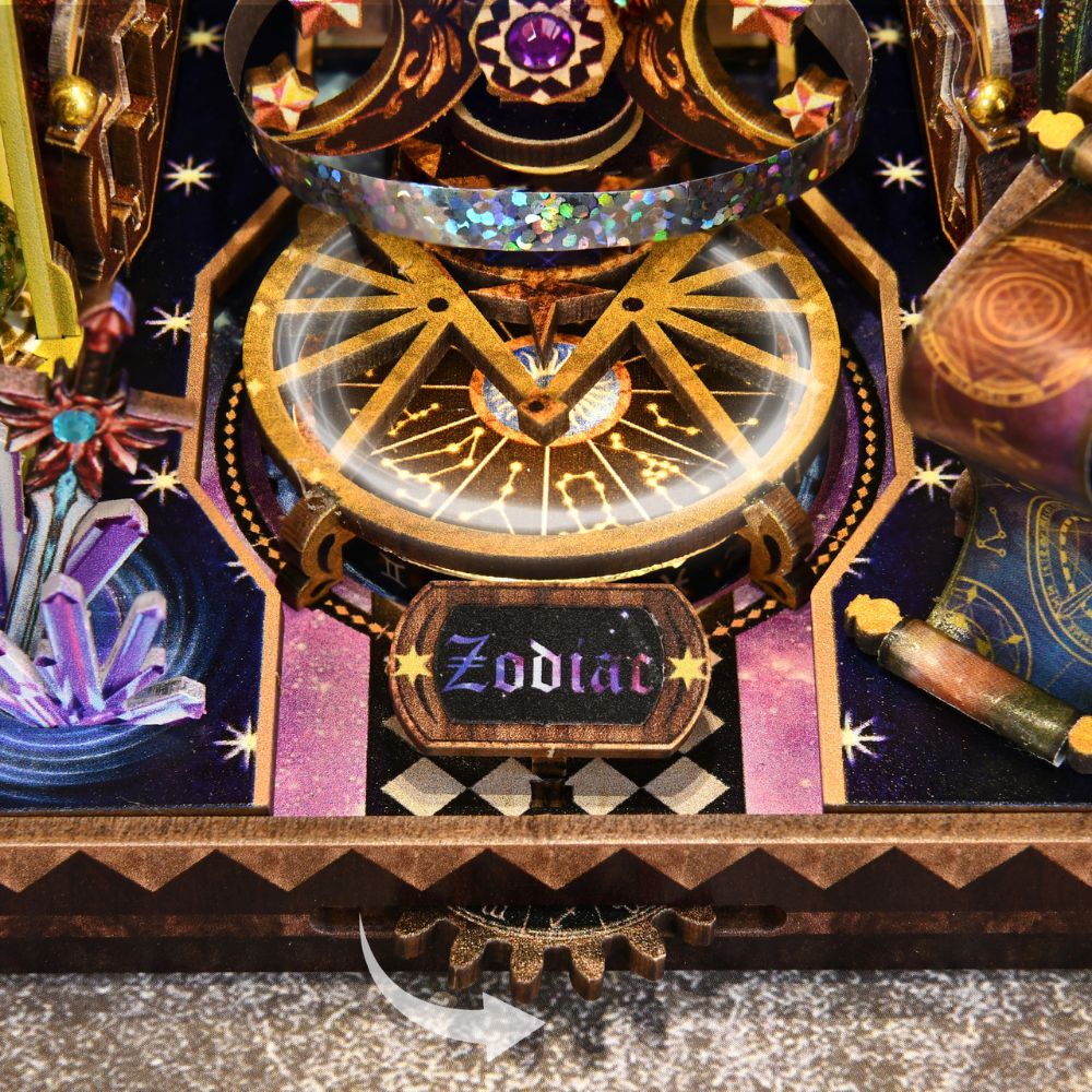 It features intricate details inspired by tarot symbolism and celestial motifs.