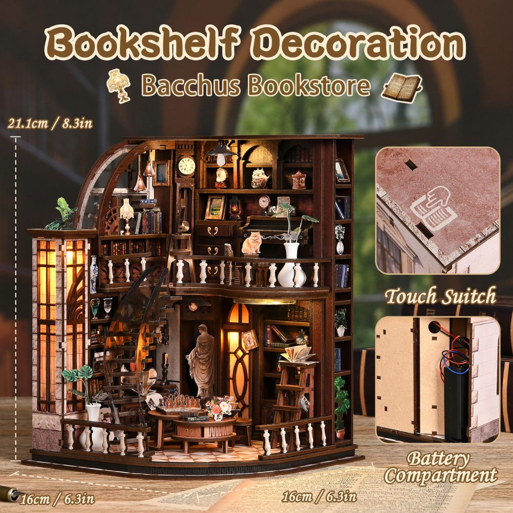 This is a 3D wooden puzzle designed to create a miniature bookstore scene that can be inserted into a bookshelf as a decorative book nook. 