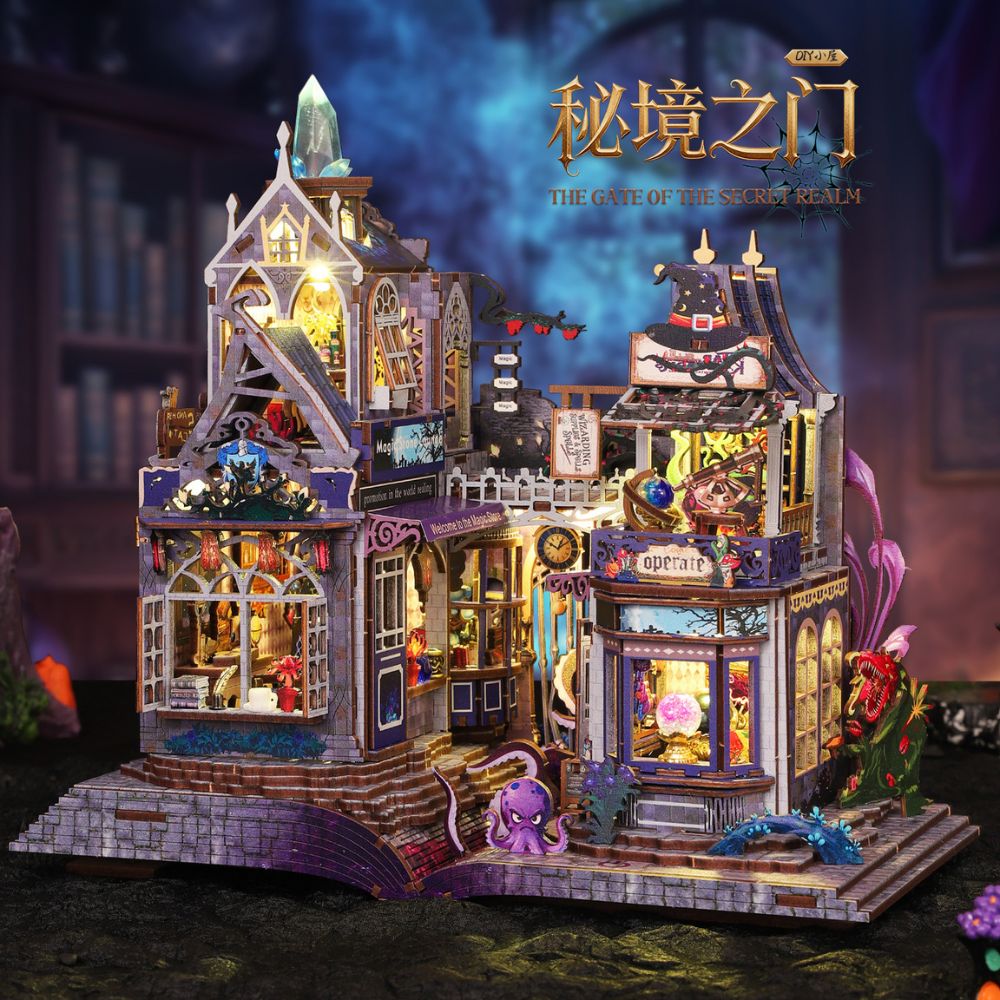 The scene includes miniature shops, magical creatures like an octopus, and enchanted accessories. 