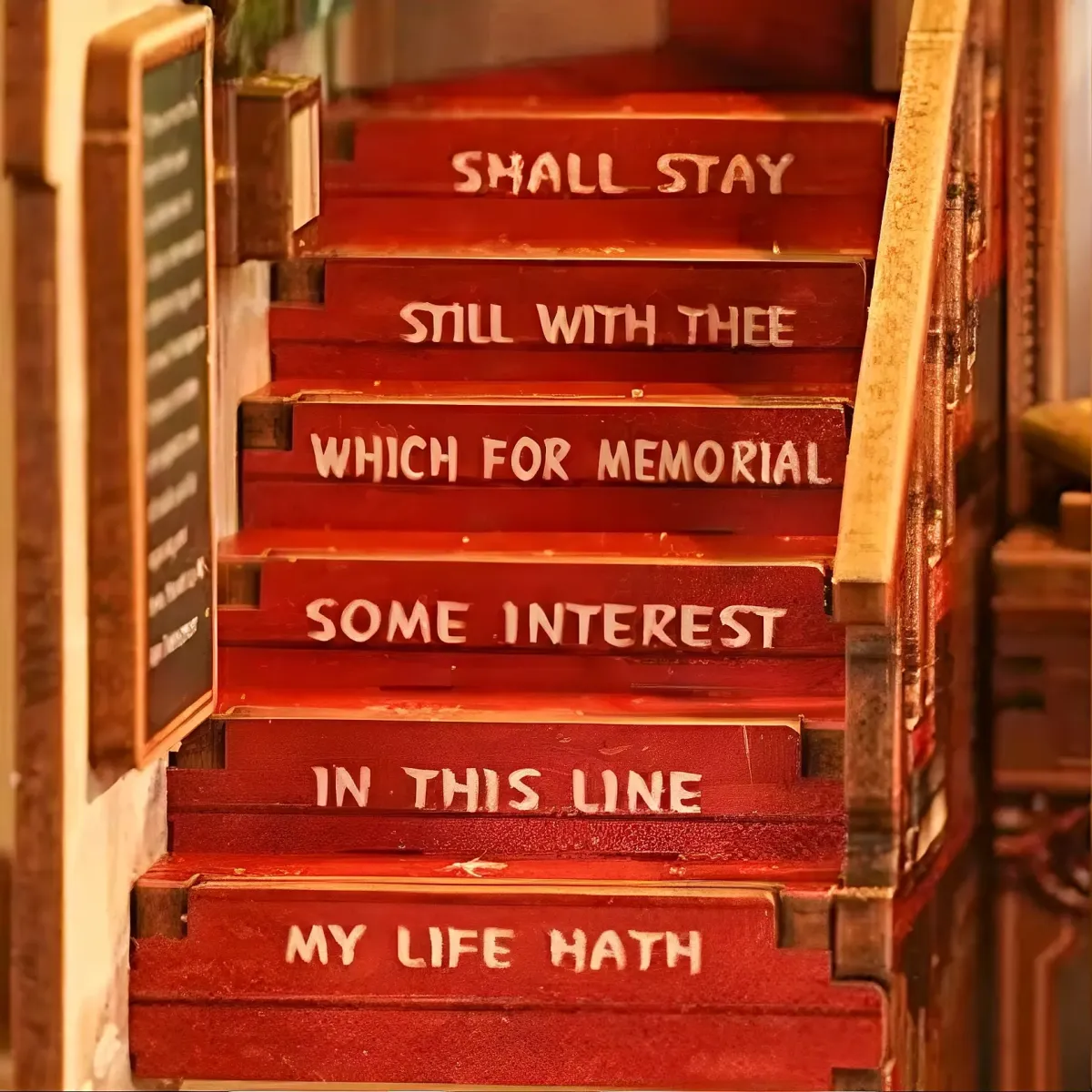 Poetry Inscribed Vintage Library Stair Scene