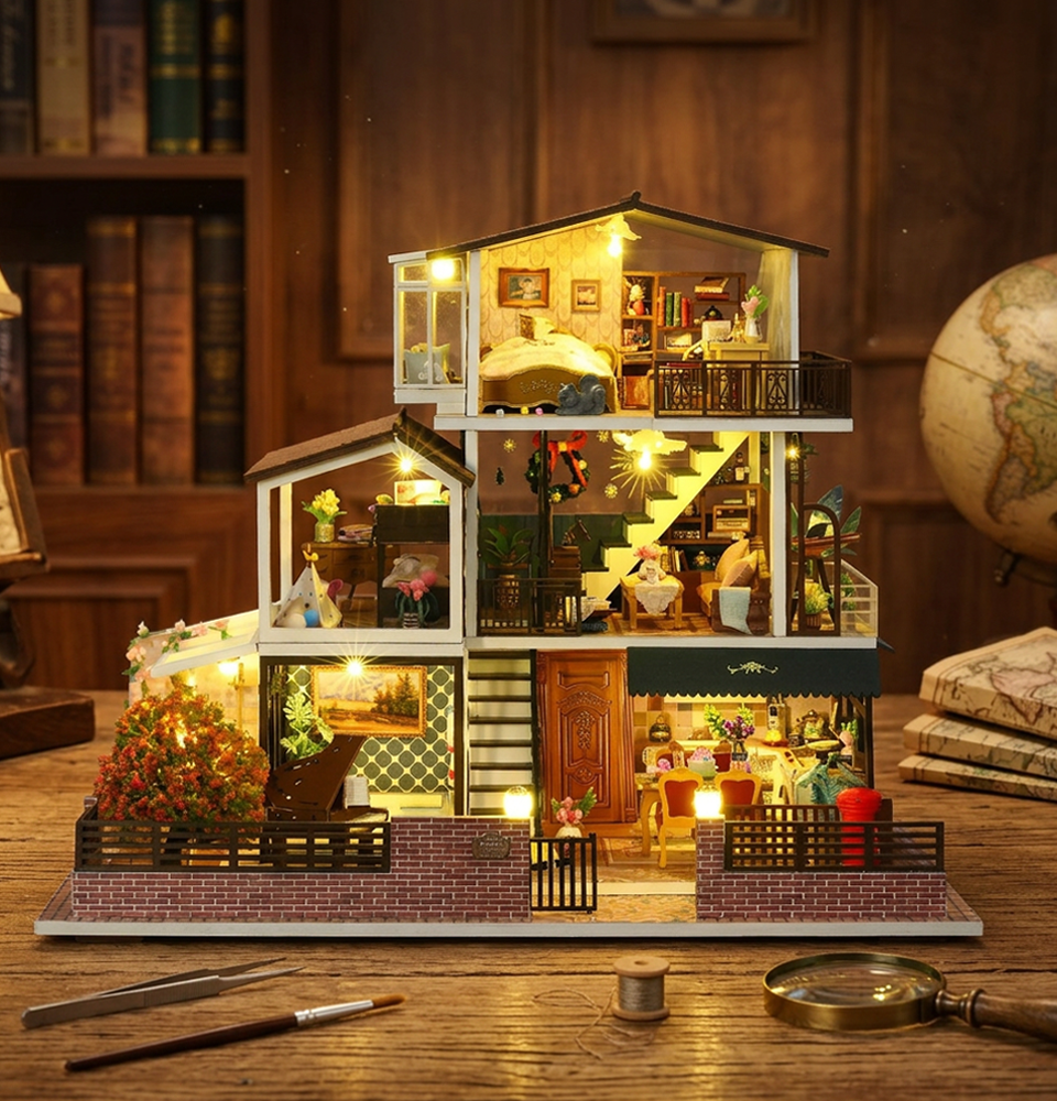 Bouwdetail van Tijdloze Elegant Villa DIY Miniatuur Poppenhuis Kit