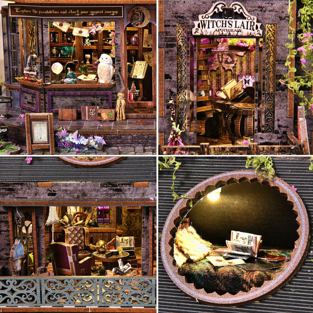 Witchcraft, magic, and fantasy, featuring details like spellbooks, an owl figure, potion jars, a cauldron, and a cozy study/lounge area.
