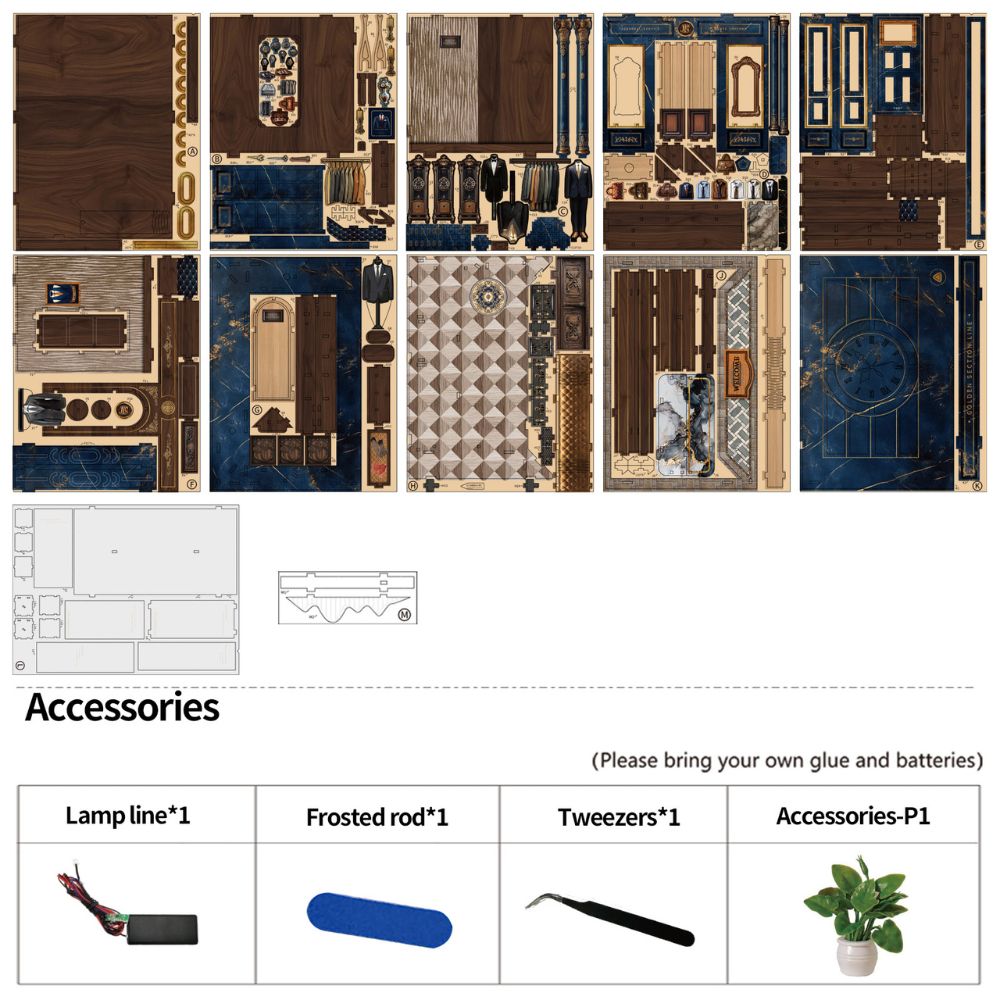 Close up of miniature accessories and lighting in the Gentleman's Measure kit