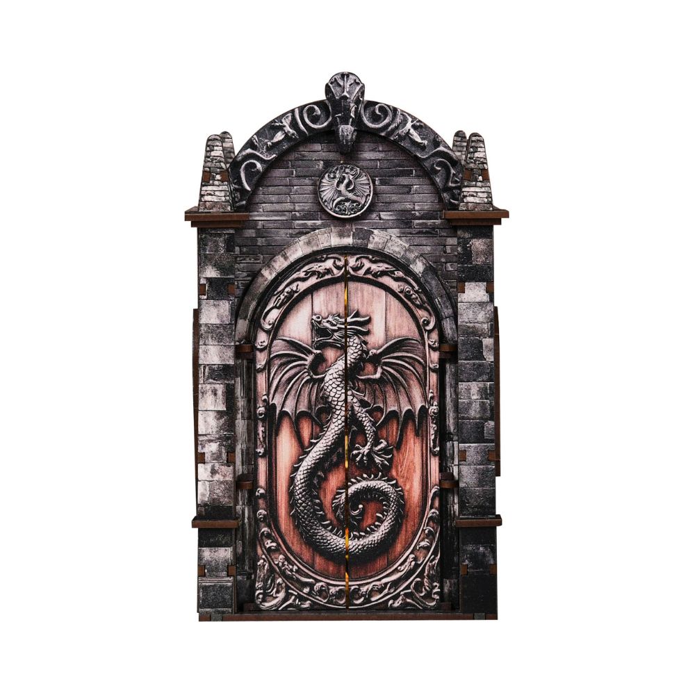 It features a detailed dragon sculpture on a faux wooden door, set within a stone-like archway. 