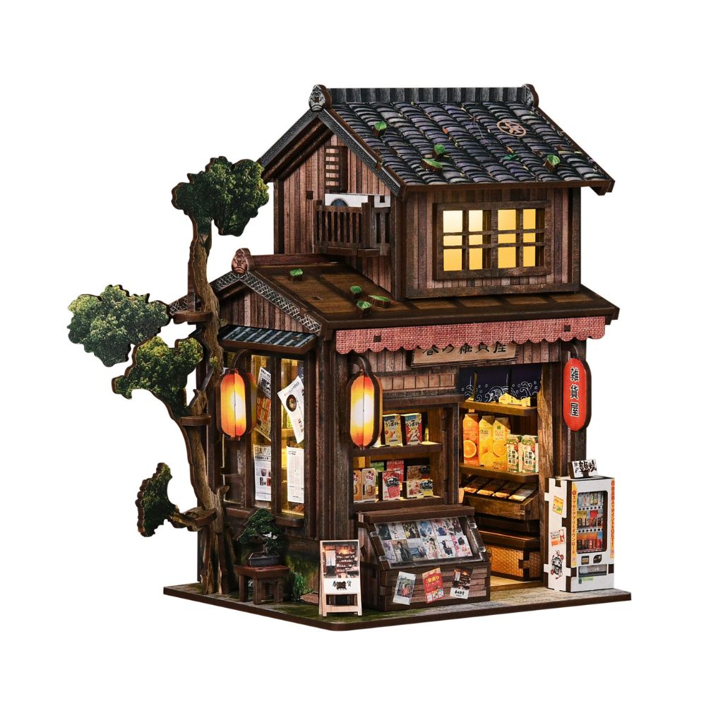 It is a 3D wooden puzzle kit that requires assembly. 
The kit includes LED lighting and has an openable door. 