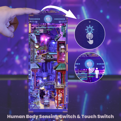 Cyber City DIY Book Nook Kit -Two Lighting Effects - Human Body Sensing Switch & Touch Switch -Book Nook World