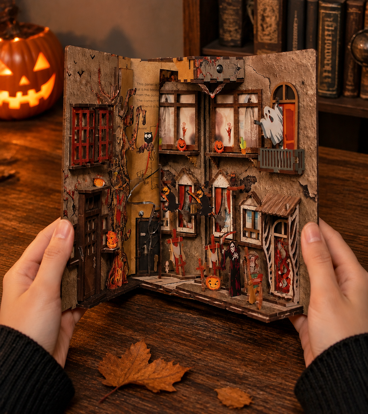 Bouwdetail van Spooky Alley DIY Boek Nook Kit | Halloween Editie