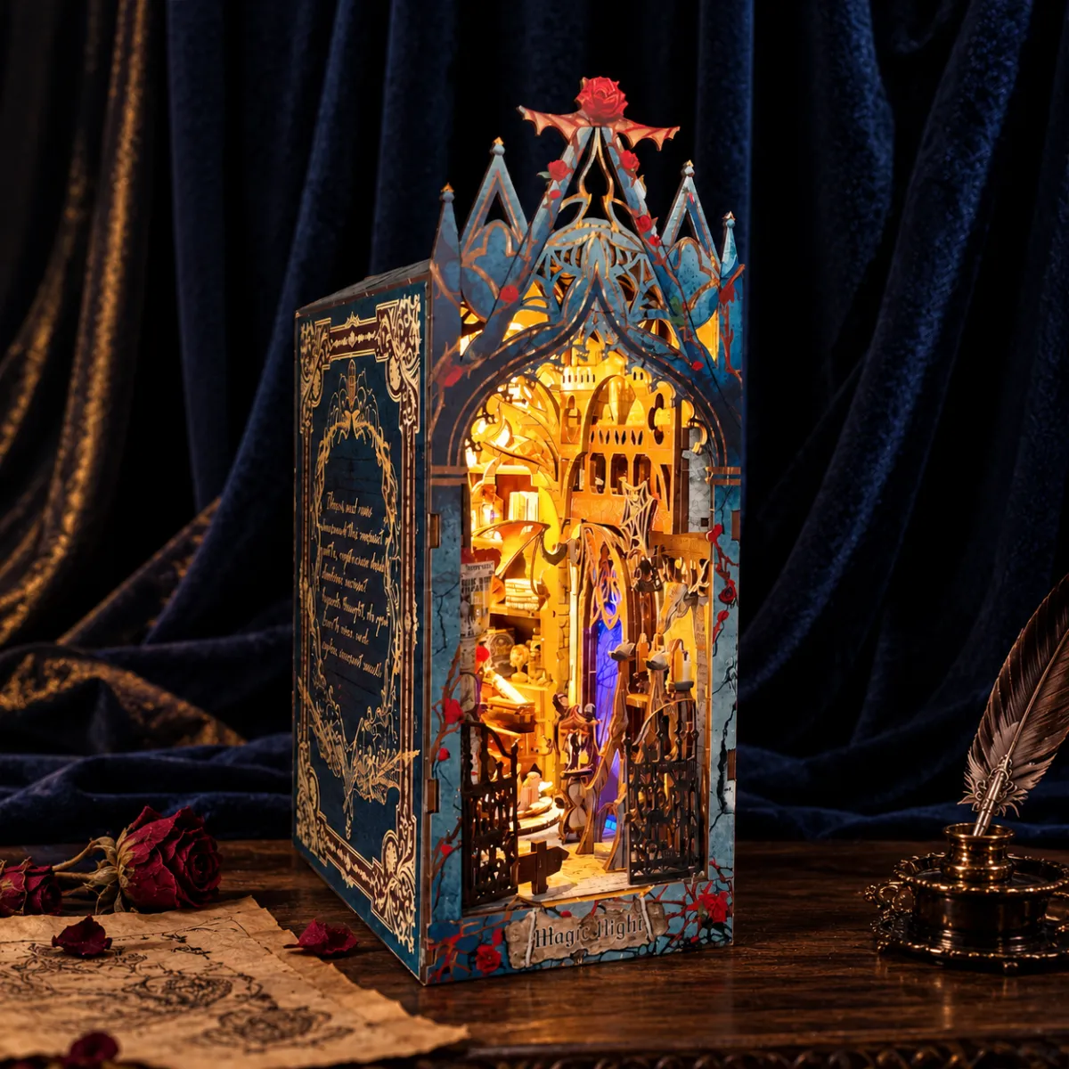 Moonlight Castle DIY Book Nook Kit with lights on