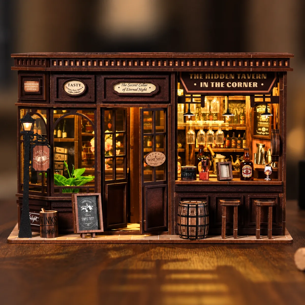 Corner Tavern Mini House Kit l DIY Miniature Kit with lights on