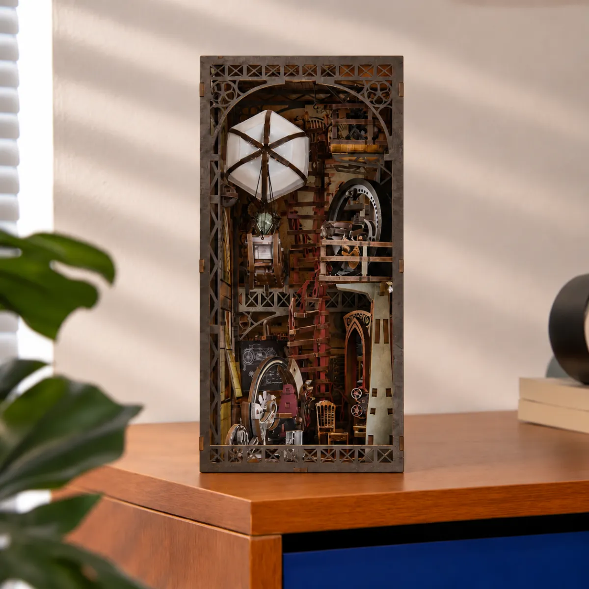 Uncle Peter’s Warehouse DIY Book Nook Kit with lights off