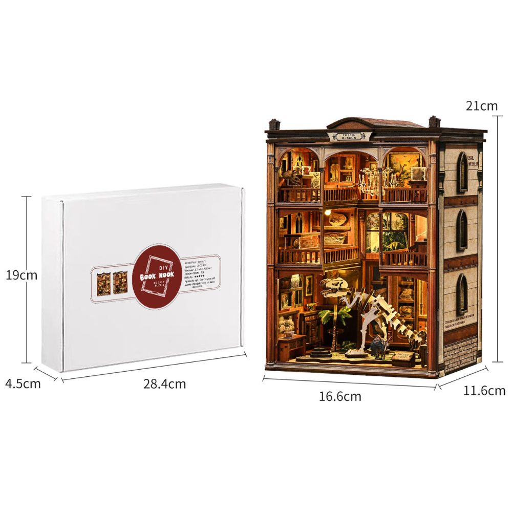 The kit includes wooden parts, a dinosaur skeleton centerpiece, and LED lights. 
