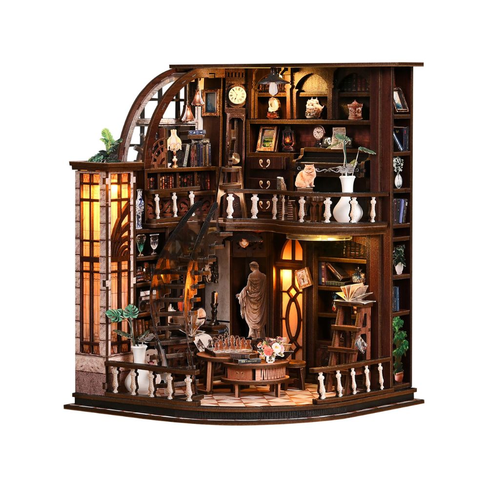 The model features a detailed interior with a spiral staircase, furniture, and various miniature accessories. 