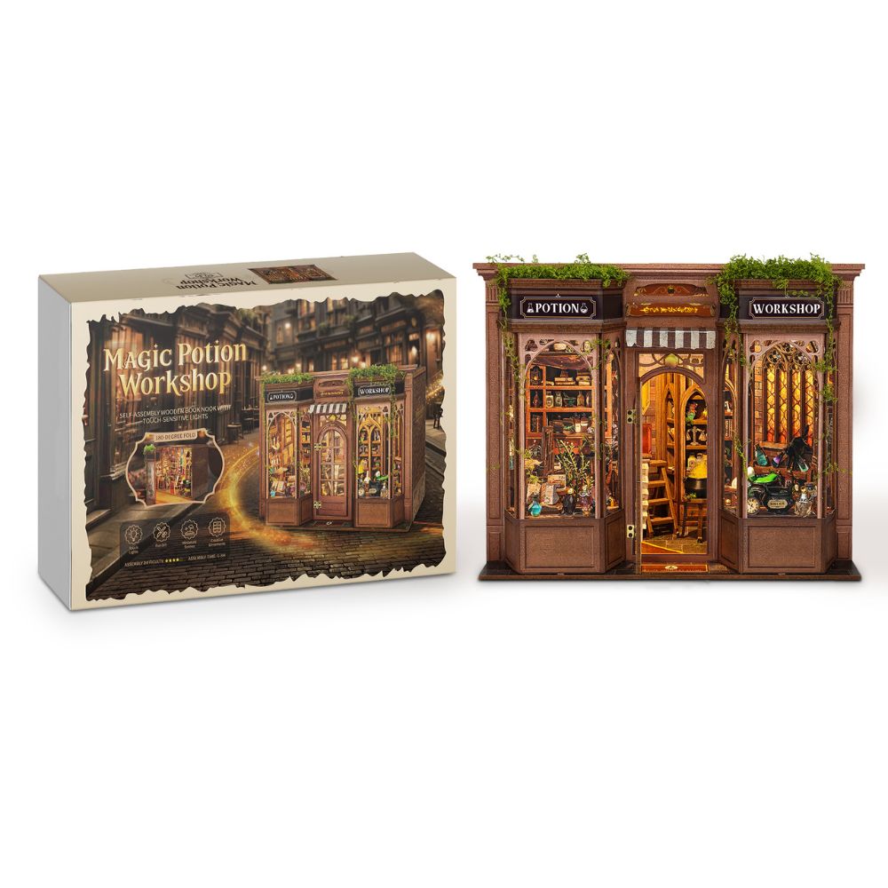 A magical fantasy library or apothecary with steampunk and wizarding world details.