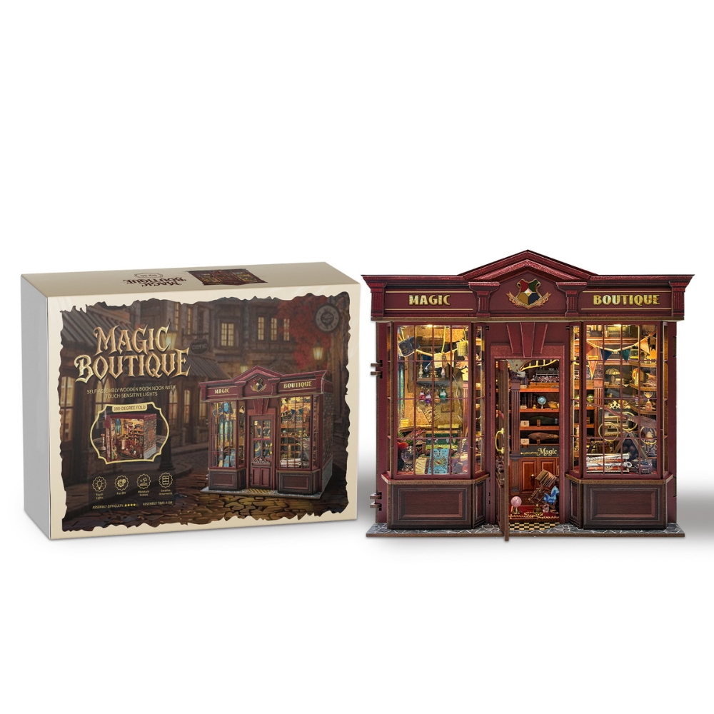 Features a mystical miniature scene with stained glass windows, shelves of potion bottles, a tiny owl, and a skull. 