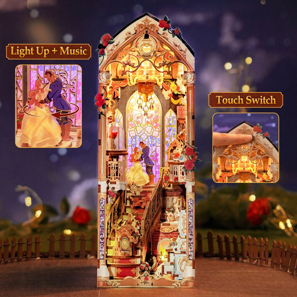 It features touch-activated LED lights and music, with rotating figures of Belle and the Beast.