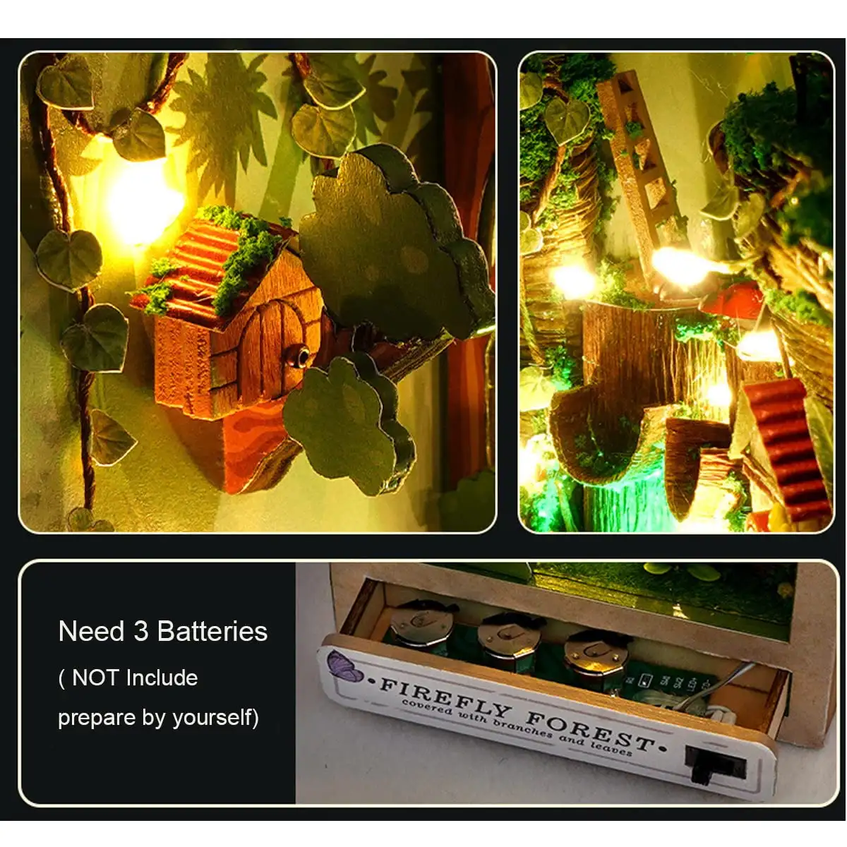 Firefly Forest DIY Book Nook Kit with miniatures, fairy lights, and detailed scenery for creative bookshelf decor.