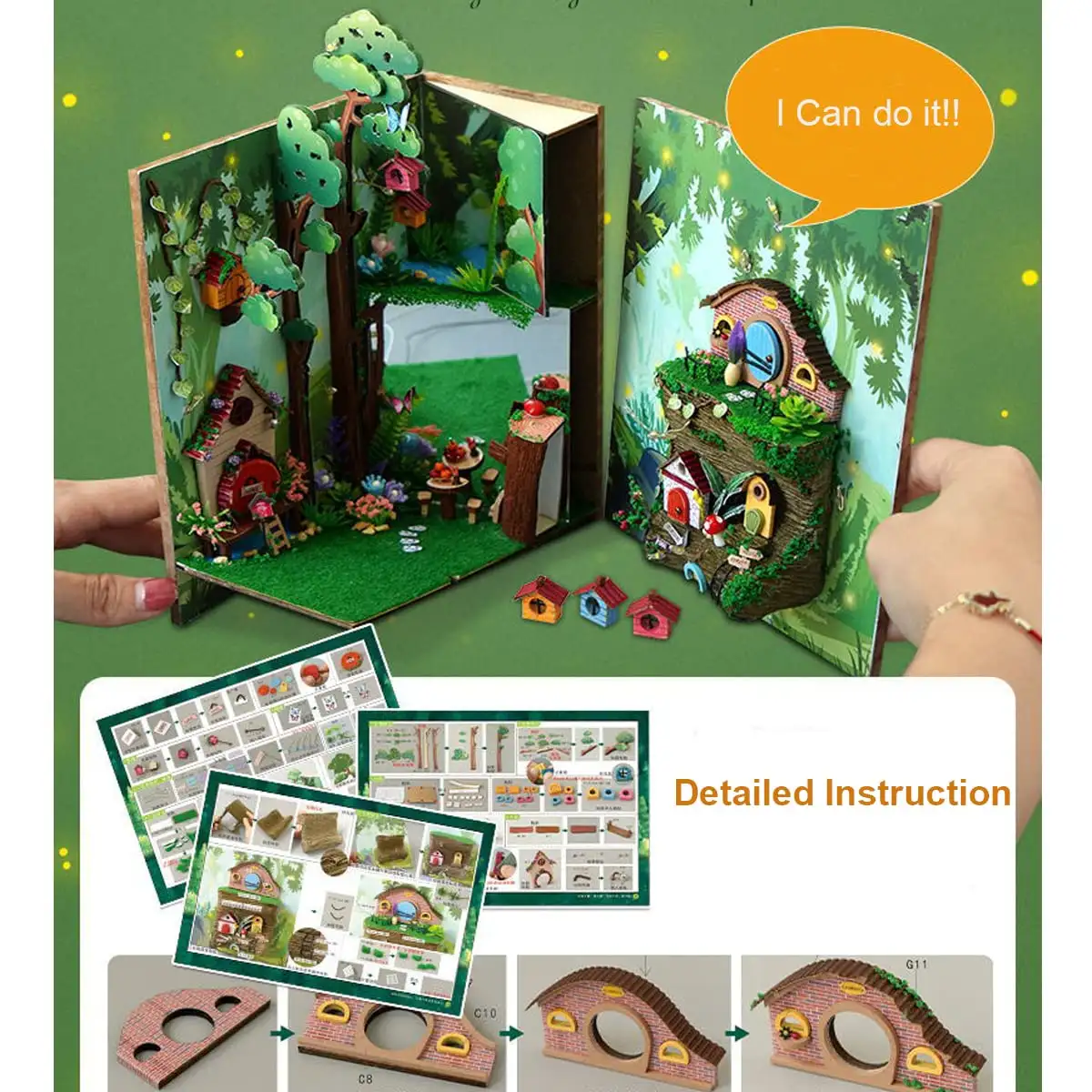 Firefly Forest DIY Book Nook Kit with miniature forest scene, bookshelves, and whimsical lighting for cozy decor.