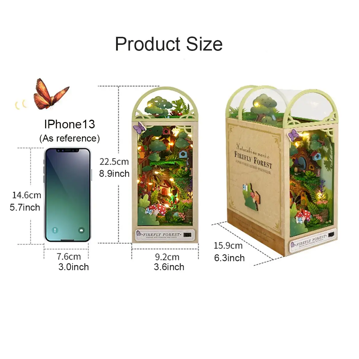 Firefly Forest DIY Book Nook Kit with miniature trees, fairy lights, and detailed woodland decor for enchanting displays.