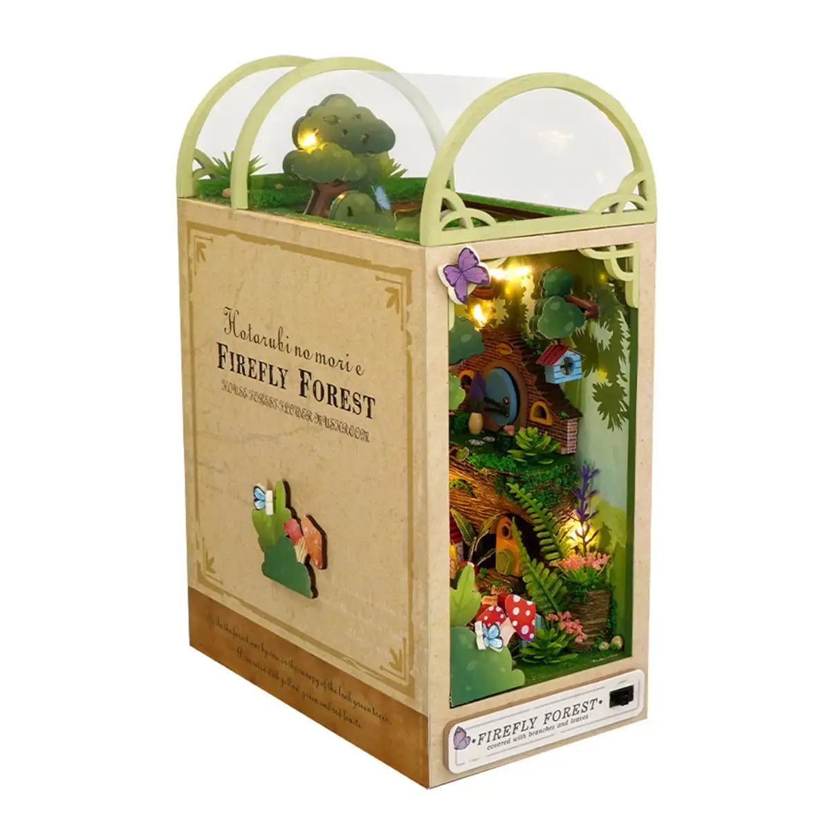 Firefly Forest DIY Book Nook Kit with miniature forest scene, LED lights, and detailed design for creative decor.
