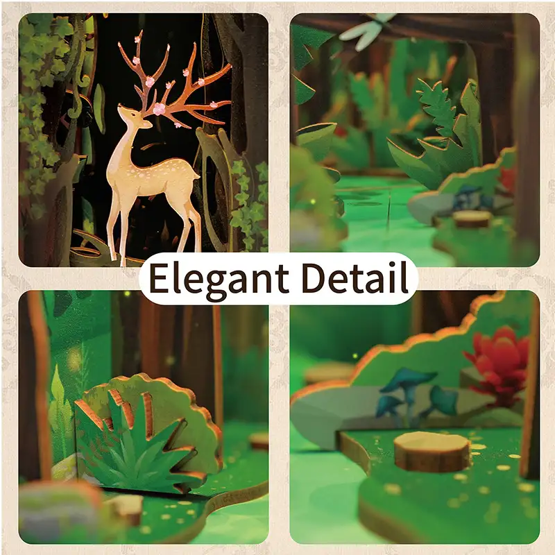 Story of The Forest DIY Book Nook Kit with detailed woodland scenery and miniature figurines for creative bookshelf décor.