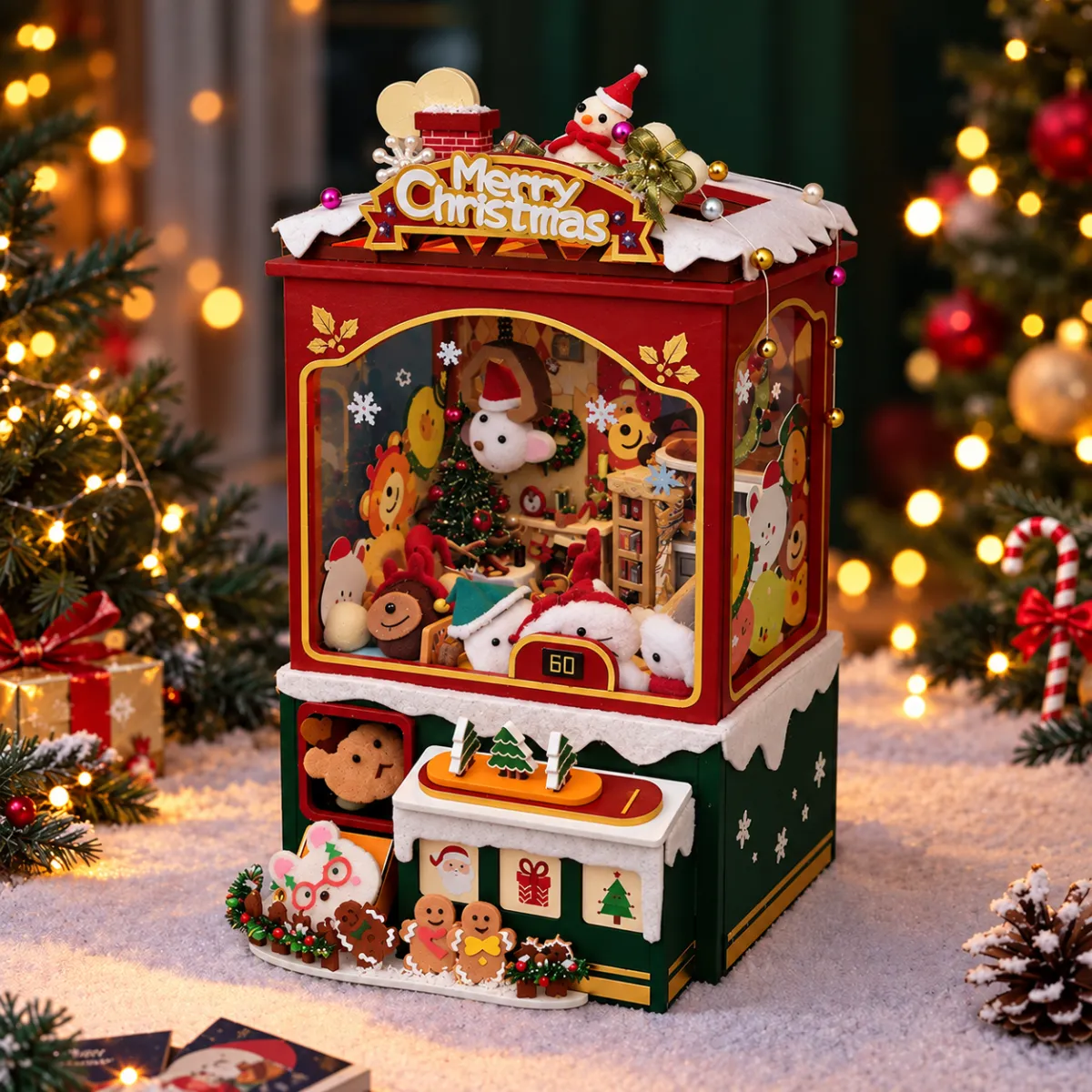 Christmas Crane Game Book Nook Kit with lights off