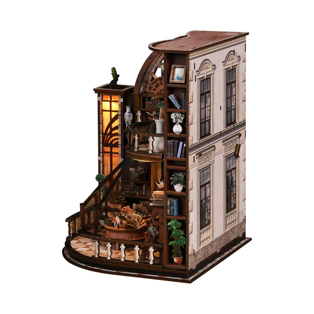 The finished product features intricate details, including furniture, accessories, and LED lighting. 