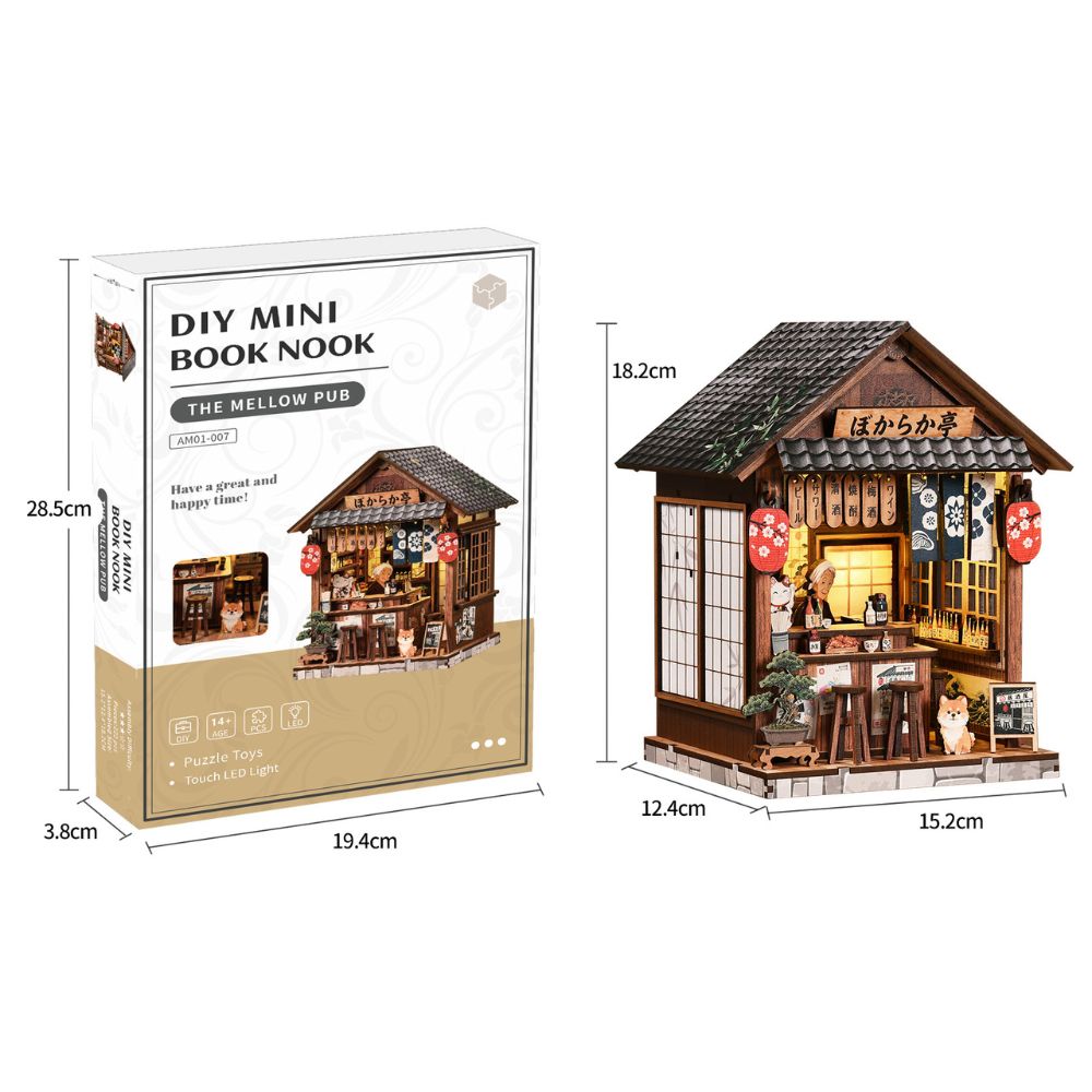 The finished product dimensions are approximately 19.4 cm wide, 18.2 cm high, and 15.2 cm deep.