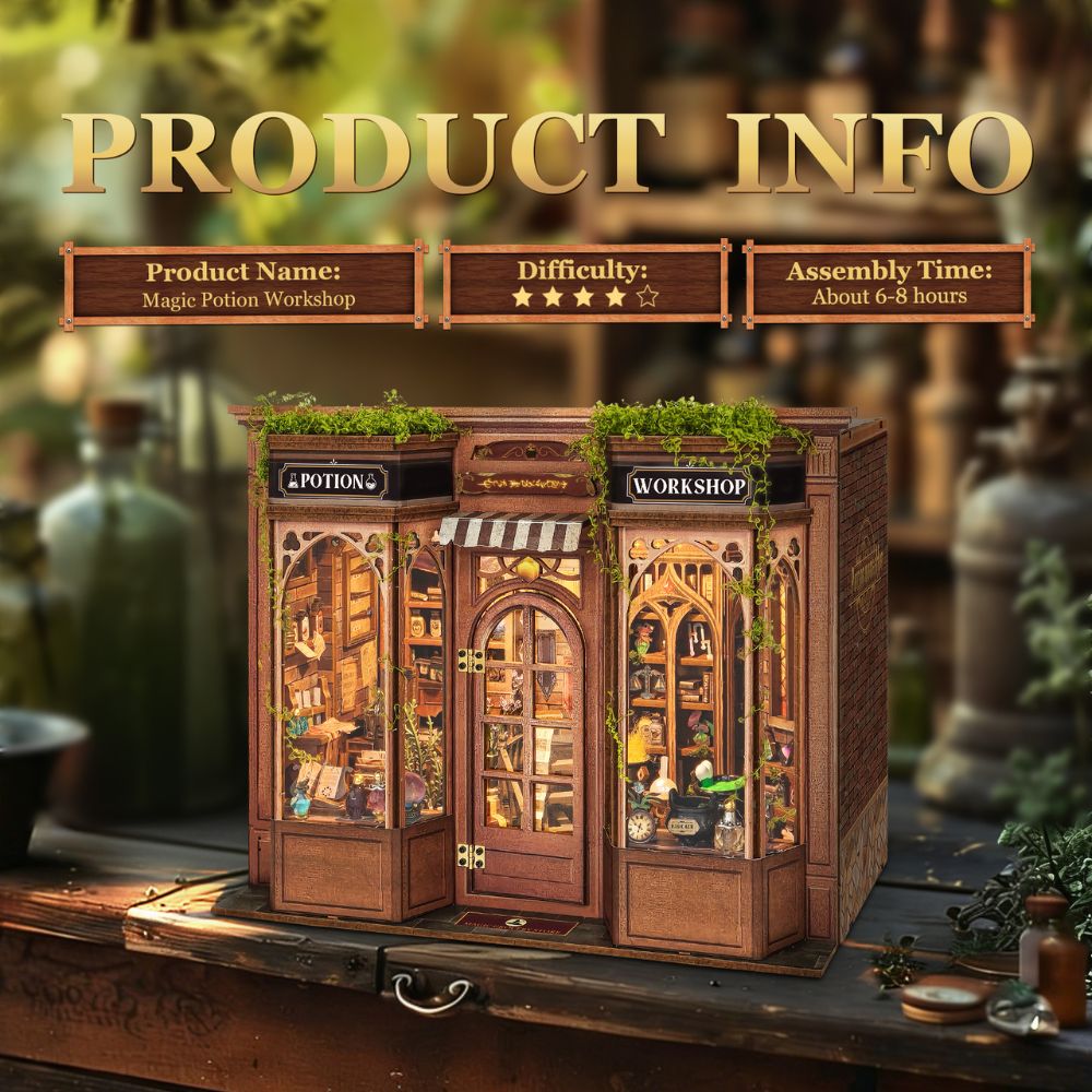 Includes intricate elements like wooden shelves, tiny potion bottles, glowing cauldrons, a snoozing cat, and a miniature staircase.