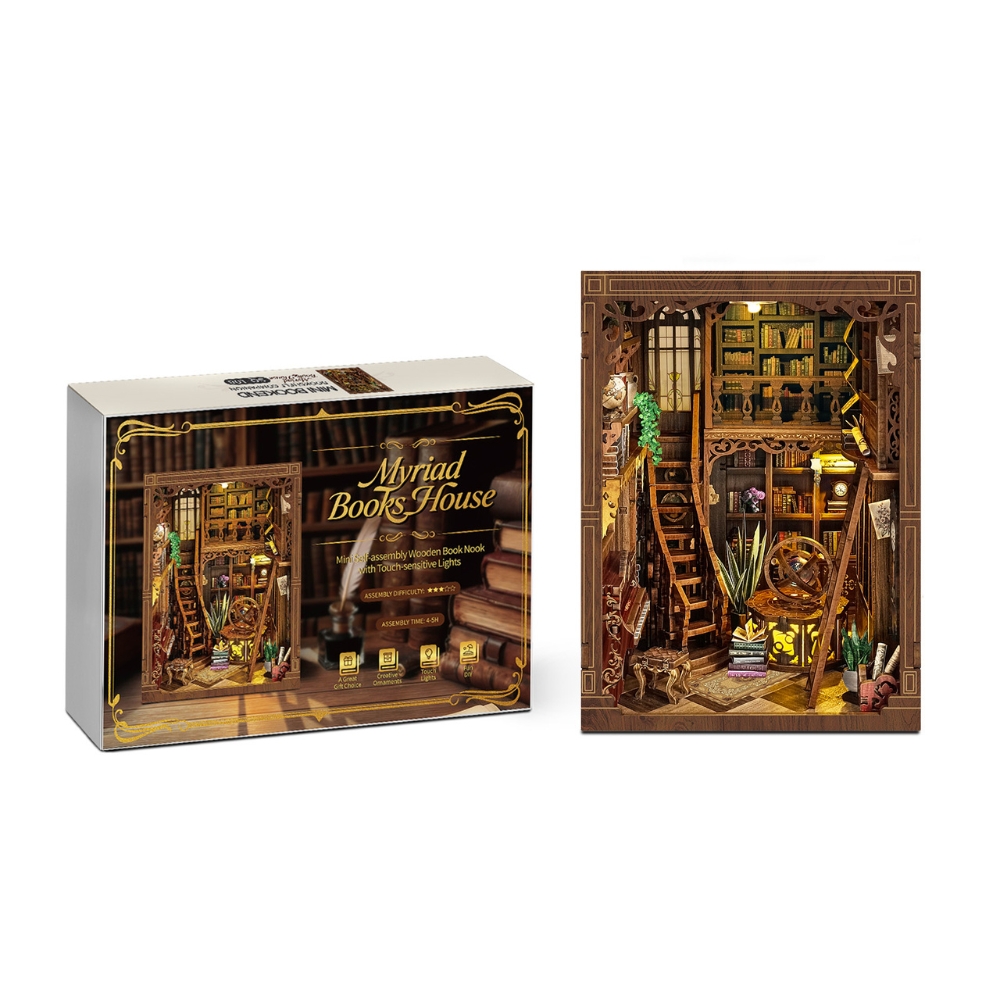 The miniature scene depicts a classical, antique library room with bookshelves, furniture, and intricate details. It serves as both a craft project for adults and teens and as decorative bookshelf insert. 