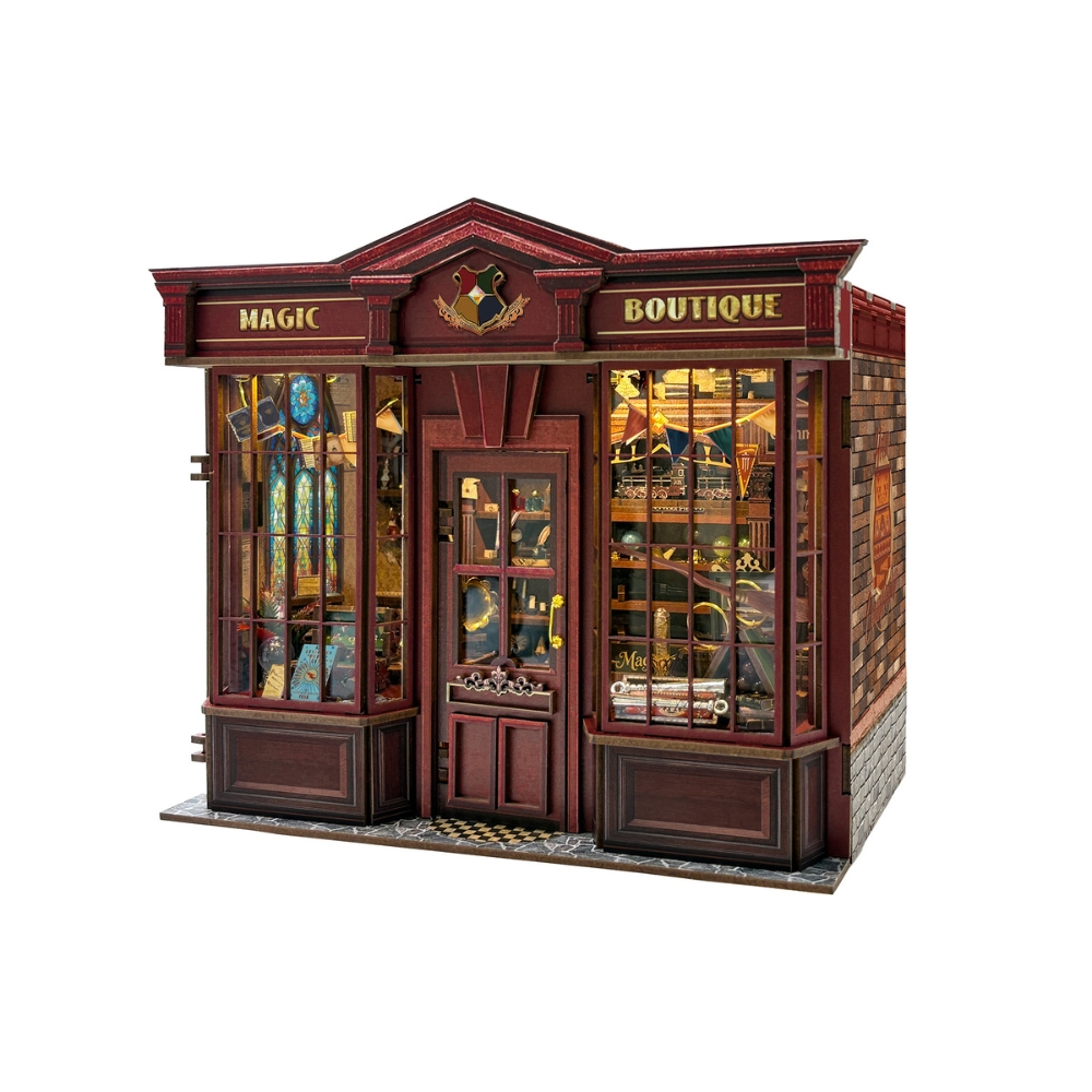 This item is a Magic Boutique DIY wooden miniature book nook kit, commonly inspired by magical wand shops in fantasy literature. 