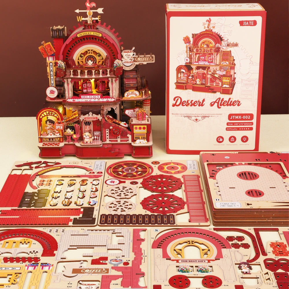 Pre-cut wooden pieces and often features LED lighting