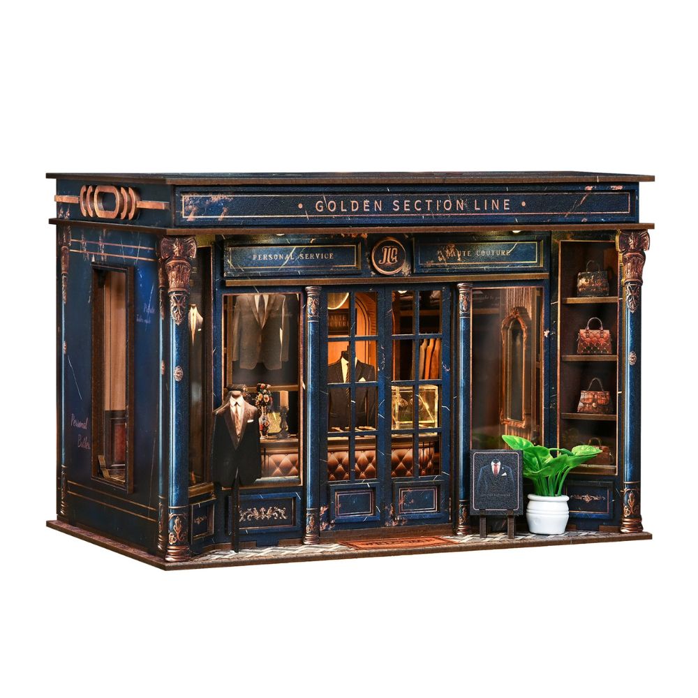 The finished product creates a detailed 3D scene of a vintage tailor shop. 