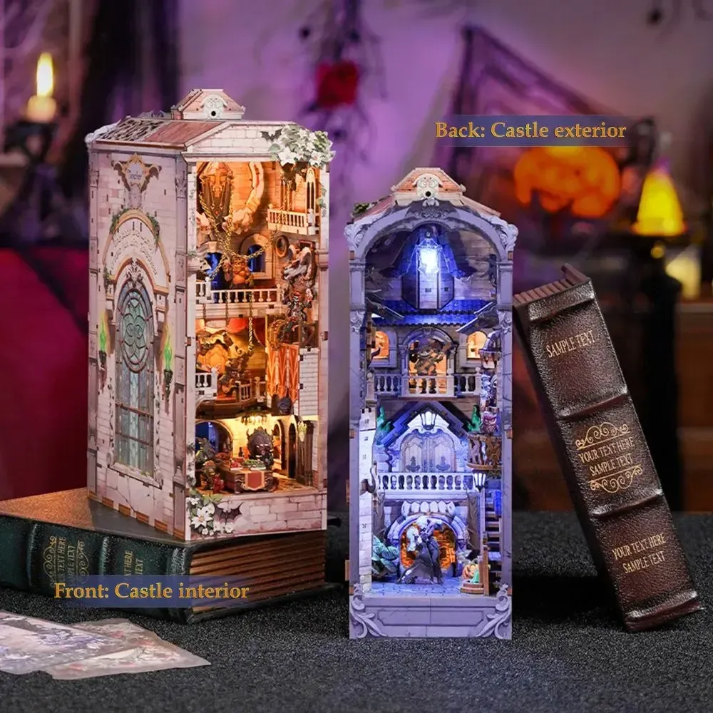 Doppelseitiges Diorama-Design mit Innen- und Außenszenen des Schlosses