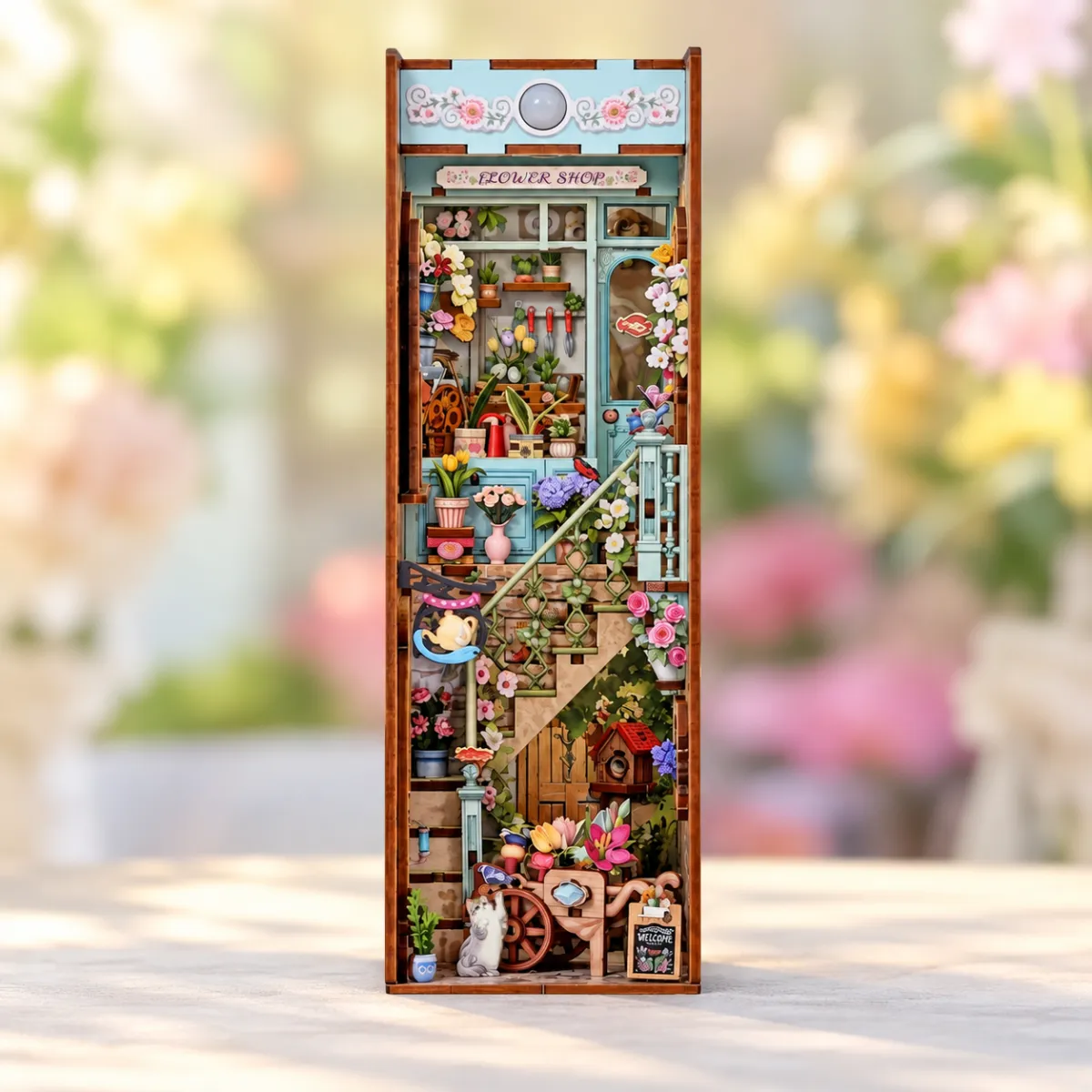 Flower Shop DIY Book Nook Kit with lights off
