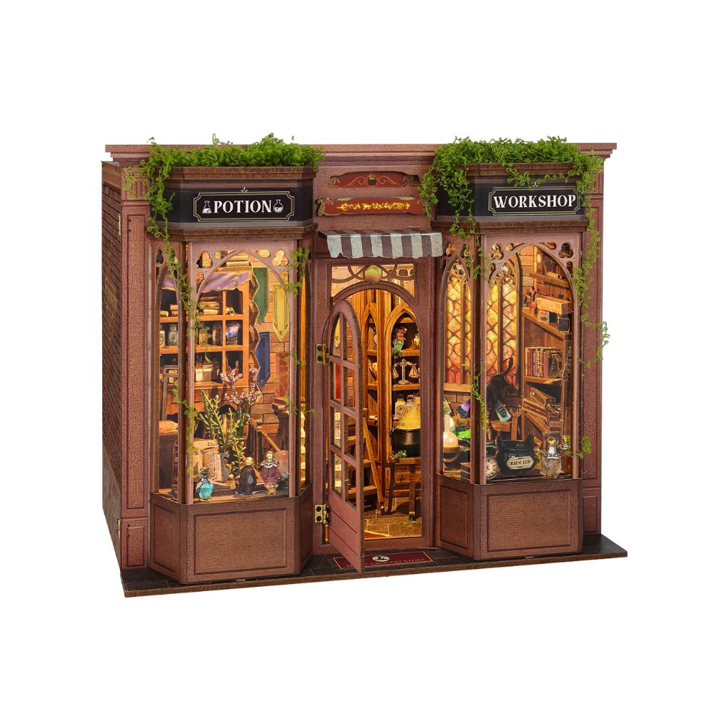 It is a 3D wooden puzzle that, once assembled, creates a miniature scene designed to fit between books on a shelf. 