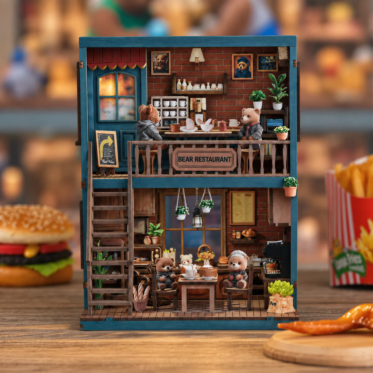 Bear Restaurant DIY Book Nook Kit with lights off