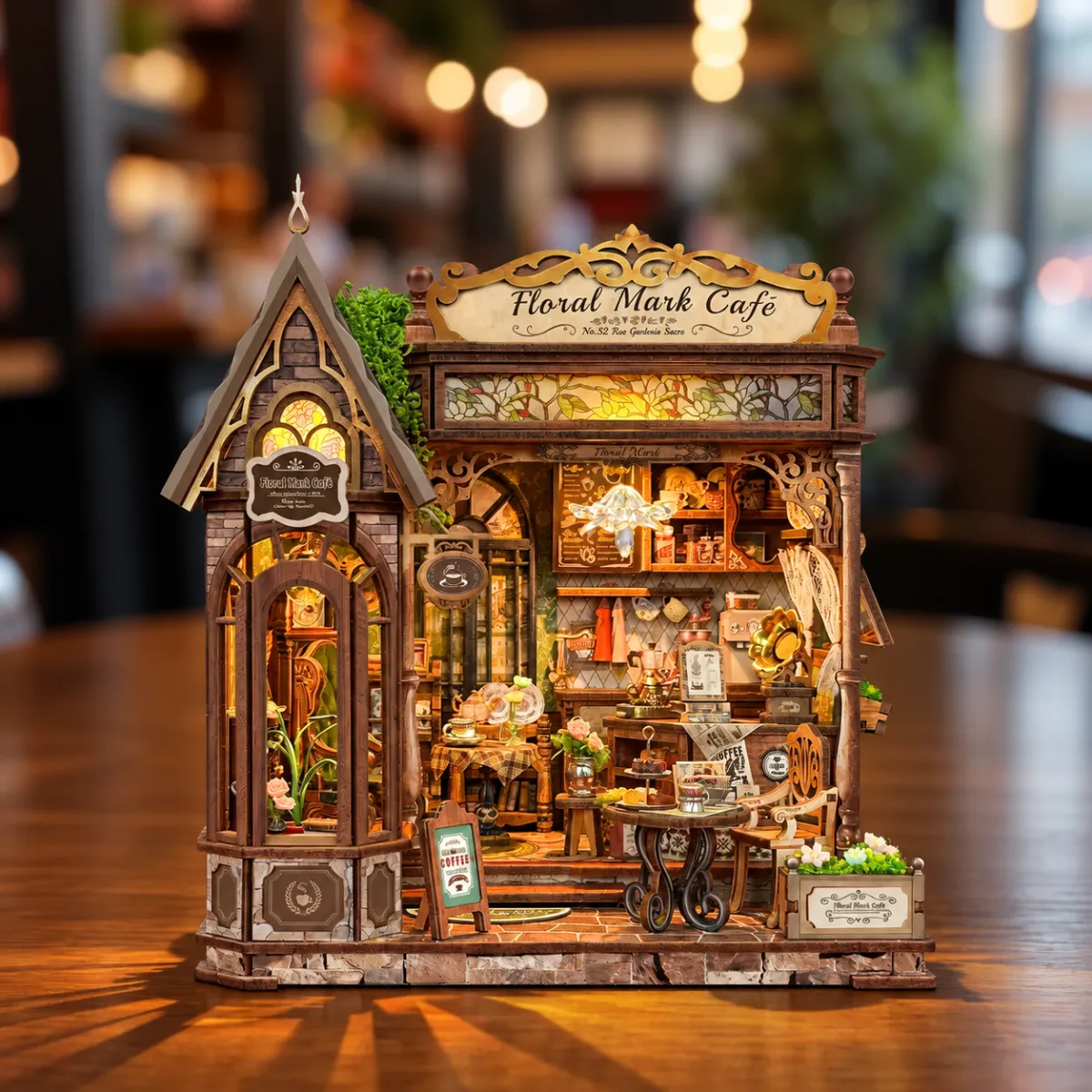 Floral Mark Café DIY Miniature Kit with lights on