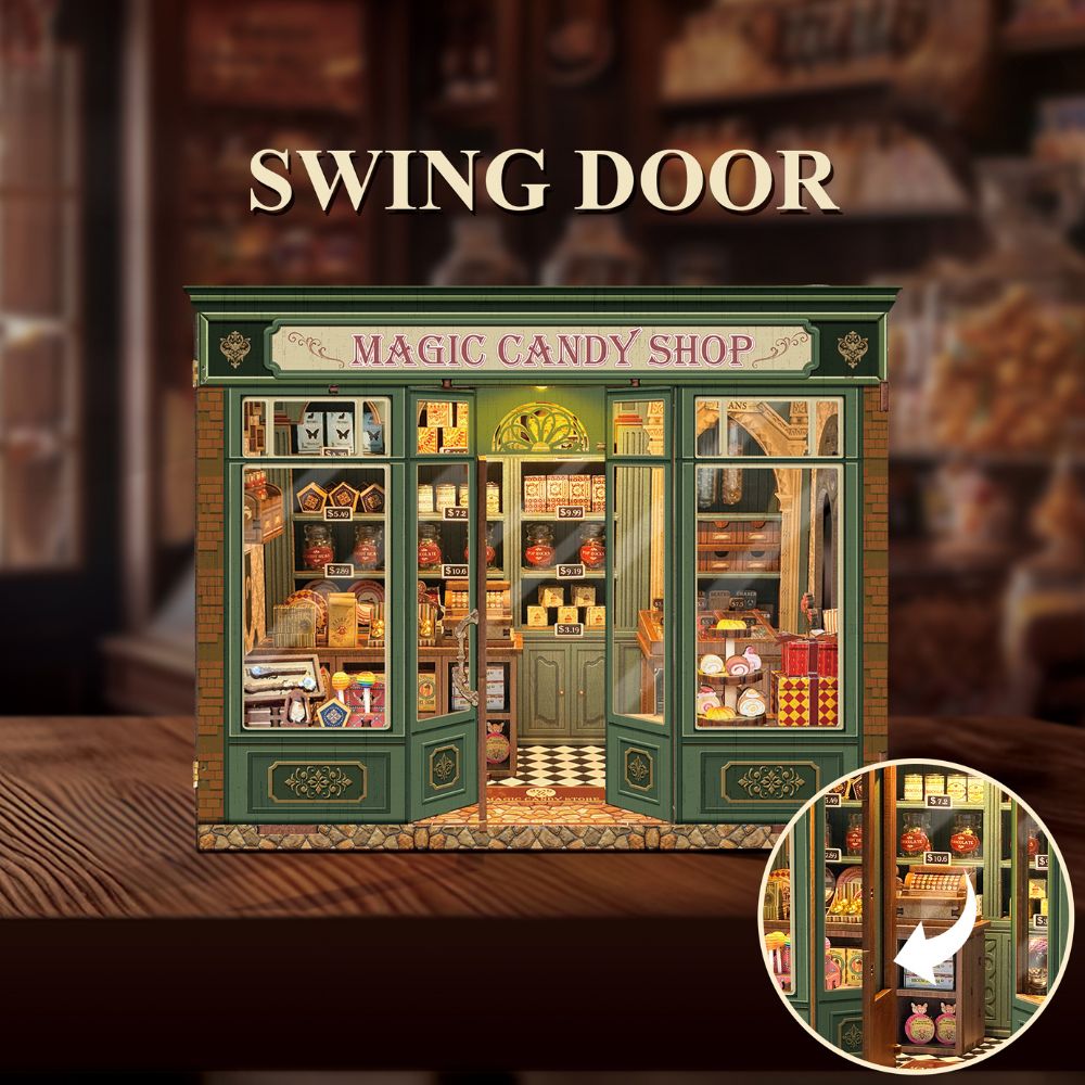 It features a green and brick exterior with large display windows.
The kit or puzzle have a "swing door" feature.