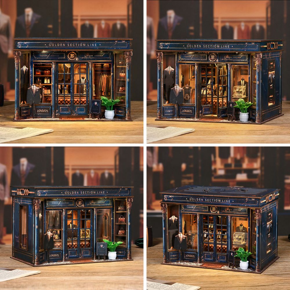 This miniature wooden diorama is designed to be assembled by the user, creating a detailed model of a vintage tailor shop that can be used as a decorative bookshelf insert. 
It is a 3D wooden puzzle kit that requires assembly. 
The kit includes LED lights to illuminate the interior. 
Materials typically include wood, fabric, paper, and plastic. 
