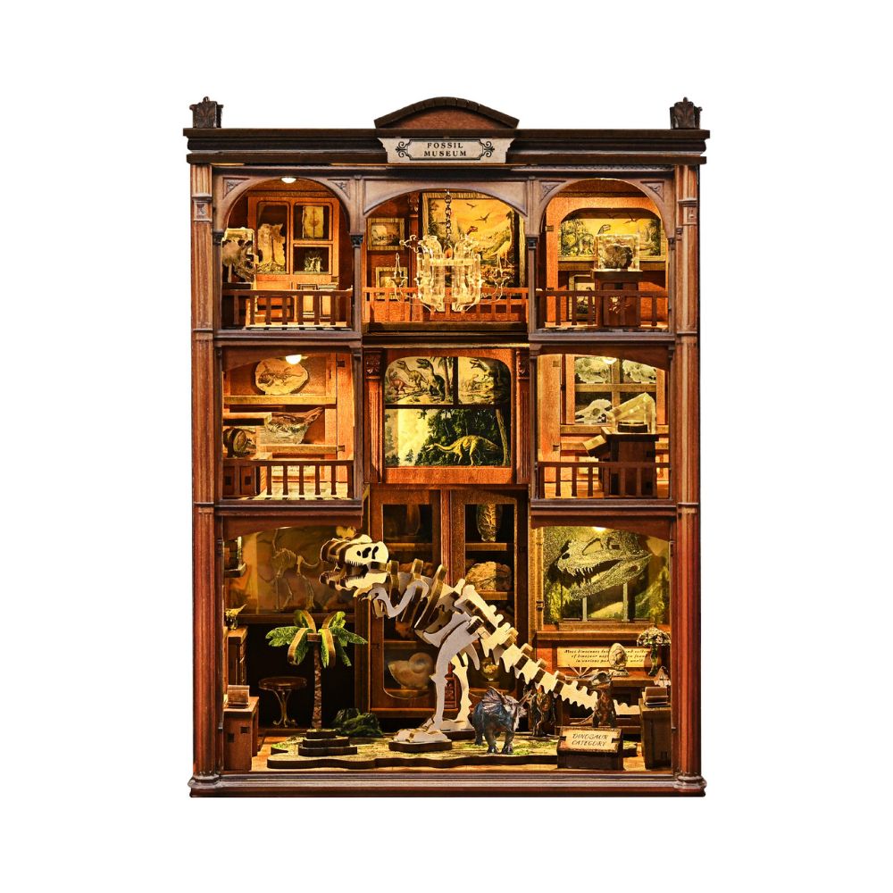 The kit includes a large dinosaur skeleton centerpiece and other detailed fossil displays. 