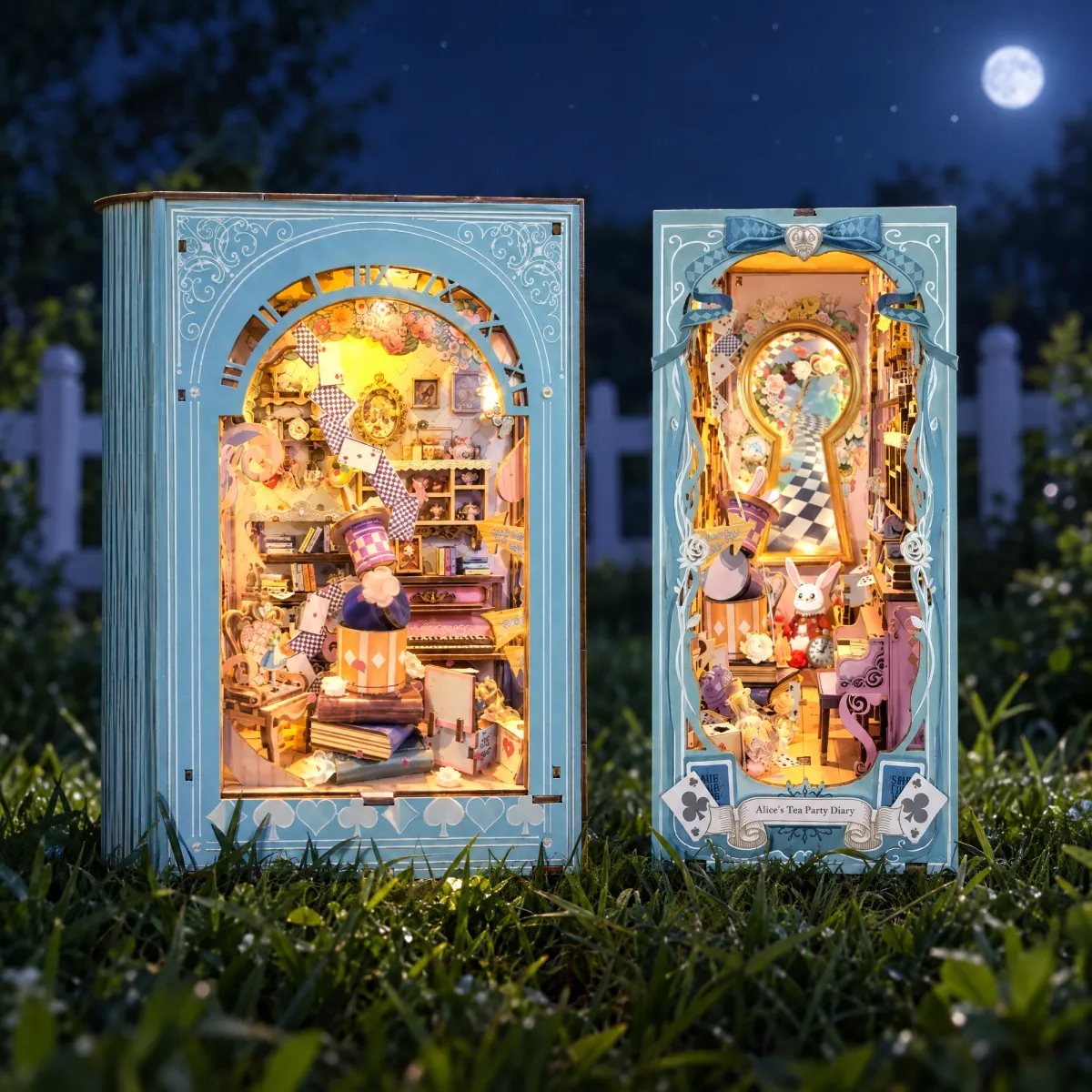 Alice's Tea Party Diary Book Nook Kit with lights on