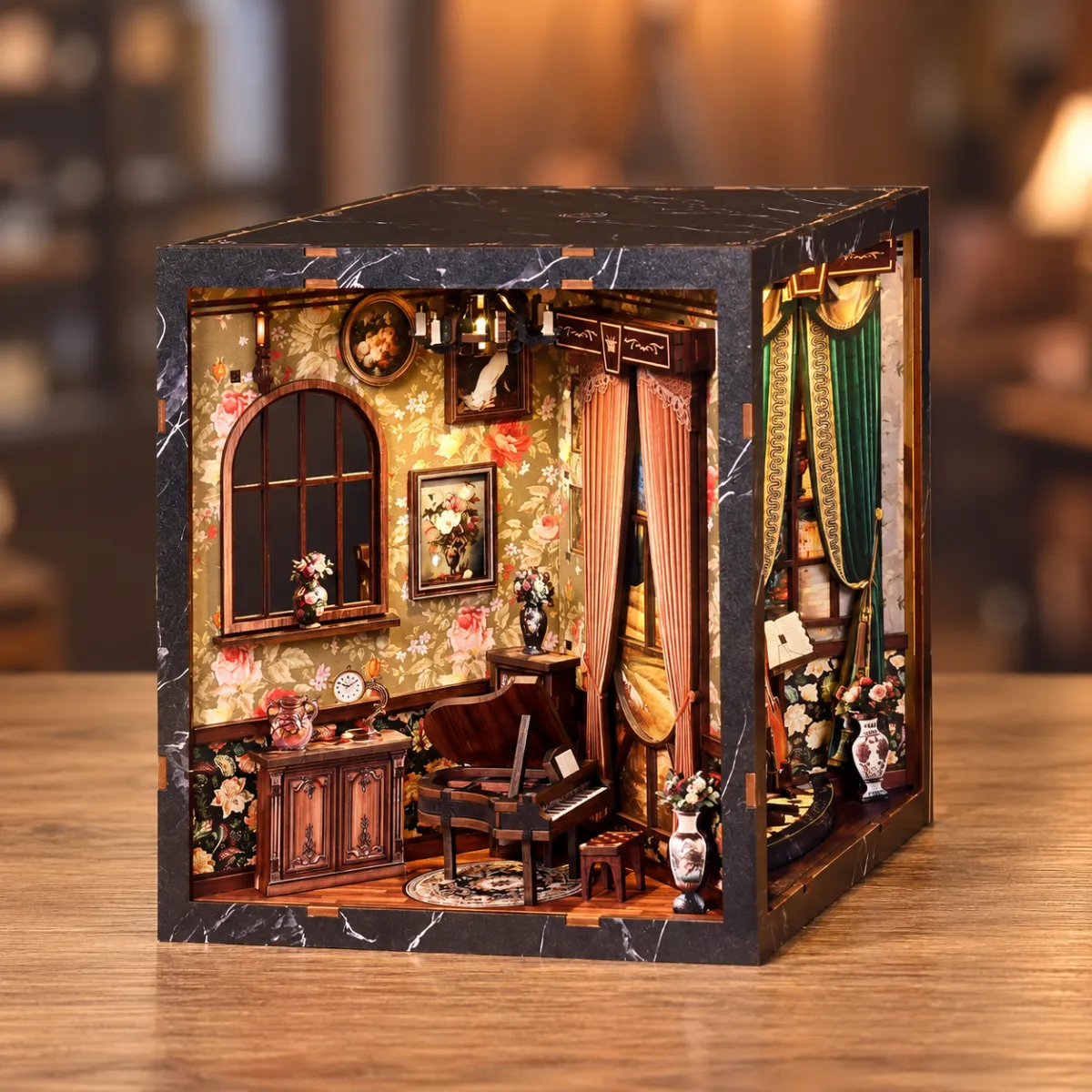 European Melody DIY Book Nook Kit with lights on