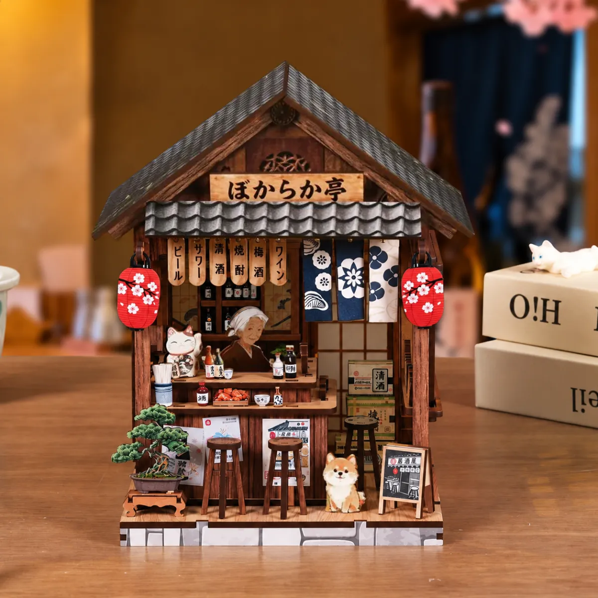The Mellow Pub DIY Mini Book Nook Kit with lights off