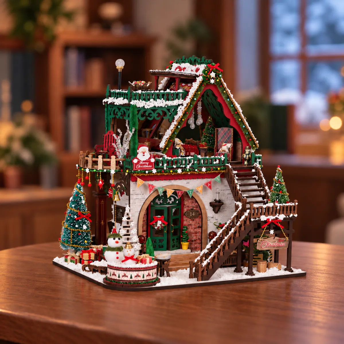 Snowy Christmas Lodge DIY Miniature Dollhouse Kit with lights off
